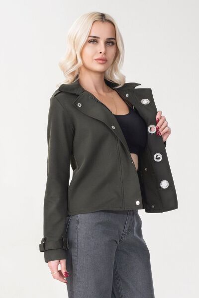 Kadın Viskon Polyester Likralı Kumaş Kol Ucu Toka Bantlı Kuş Gözü Aksesuarlı Çıt Çıtlı Cepli  Ceket Haki - M