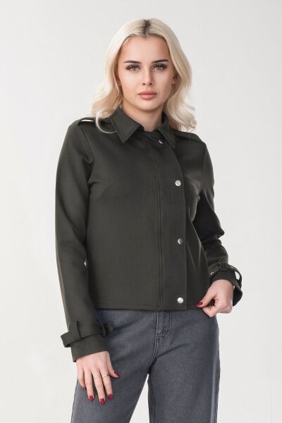 Kadın Viskon Polyester Likralı Kumaş Kol Ucu Toka Bantlı Kuş Gözü Aksesuarlı Çıt Çıtlı Cepli  Ceket Haki - M