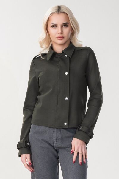 Kadın Viskon Polyester Likralı Kumaş Kol Ucu Toka Bantlı Kuş Gözü Aksesuarlı Çıt Çıtlı Cepli  Ceket Haki - M