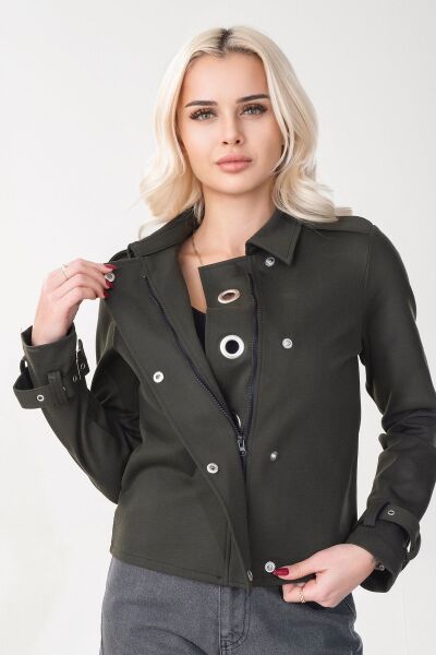 Kadın Viskon Polyester Likralı Kumaş Kol Ucu Toka Bantlı Kuş Gözü Aksesuarlı Çıt Çıtlı Cepli  Ceket Haki - M
