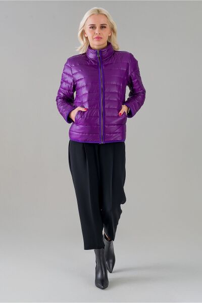 Siyah Şişme Dik Yaka Metal Fermuarlı Mont Mor - S