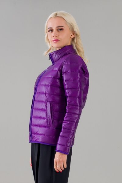 Siyah Şişme Dik Yaka Metal Fermuarlı Mont Mor - S