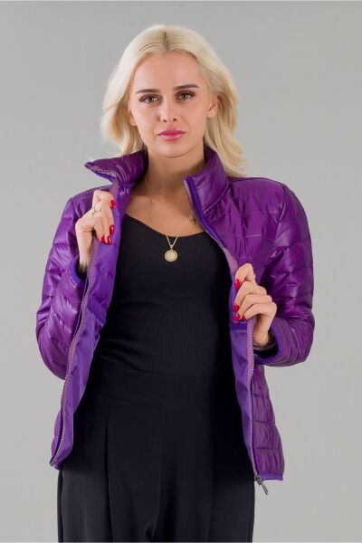 Siyah Şişme Dik Yaka Metal Fermuarlı Mont Mor - S