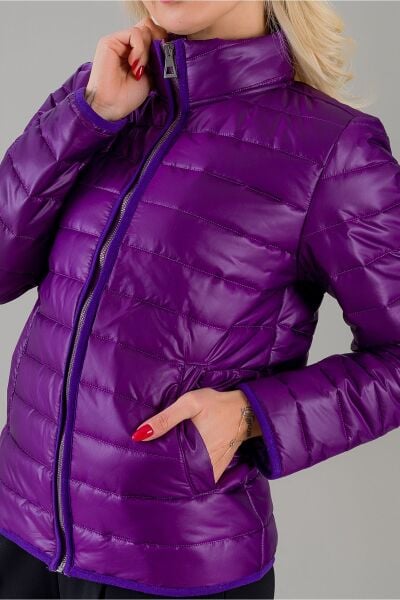 Siyah Şişme Dik Yaka Metal Fermuarlı Mont Mor - S