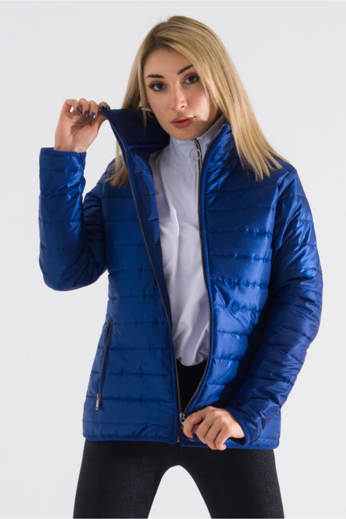 Kadın Haki Şişme Dik Yaka Metal Fermuarlı Mont L - indigo mavi