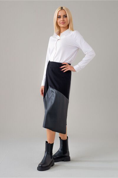 Kadın Siyah Suni Derli Kombinli Beli Lastikli Likralı Örme Kumaş Etek Siyah - L