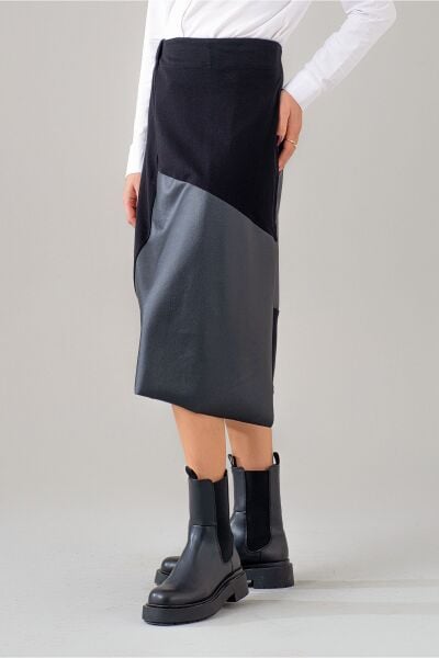 Kadın Siyah Suni Derli Kombinli Beli Lastikli Likralı Örme Kumaş Etek Siyah - L