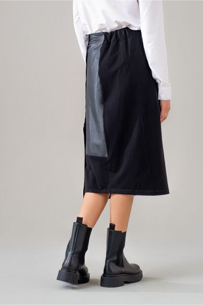 Kadın Siyah Suni Derli Kombinli Beli Lastikli Likralı Örme Kumaş Etek Siyah - L