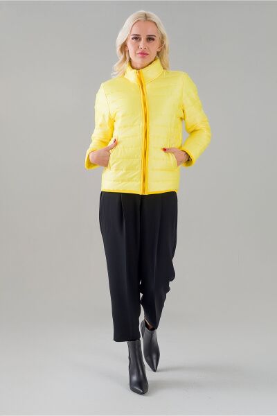 Siyah Şişme Dik Yaka Metal Fermuarlı Mont Sarı - S