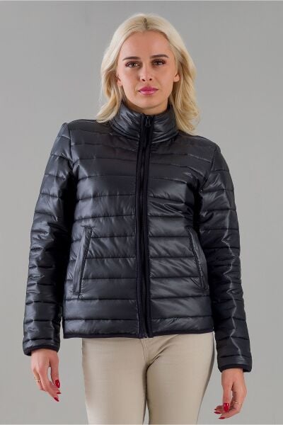 Siyah Şişme Dik Yaka Metal Fermuarlı Mont siyah filato cepli - M