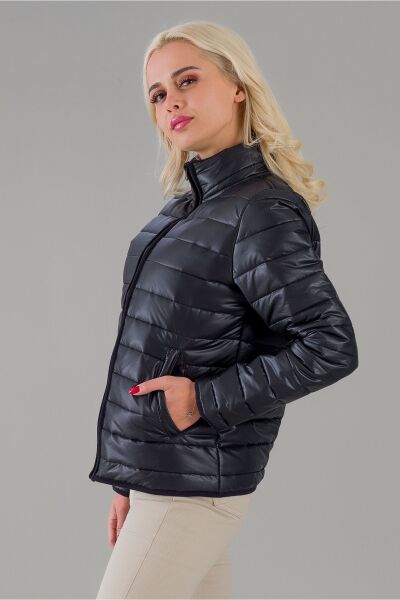 Siyah Şişme Dik Yaka Metal Fermuarlı Mont siyah filato cepli - M