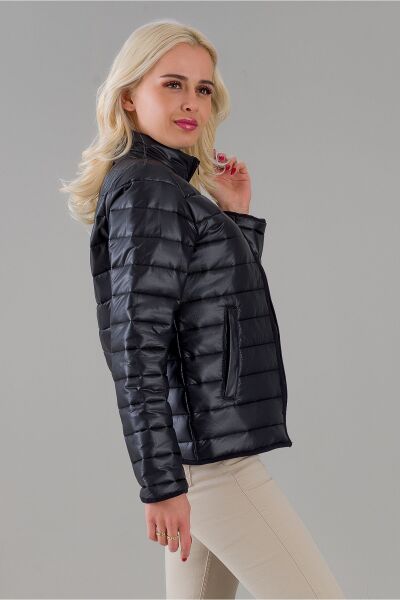 Siyah Şişme Dik Yaka Metal Fermuarlı Mont siyah filato cepli - M