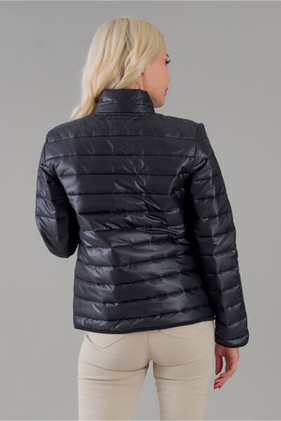 Siyah Şişme Dik Yaka Metal Fermuarlı Mont siyah filato cepli - M