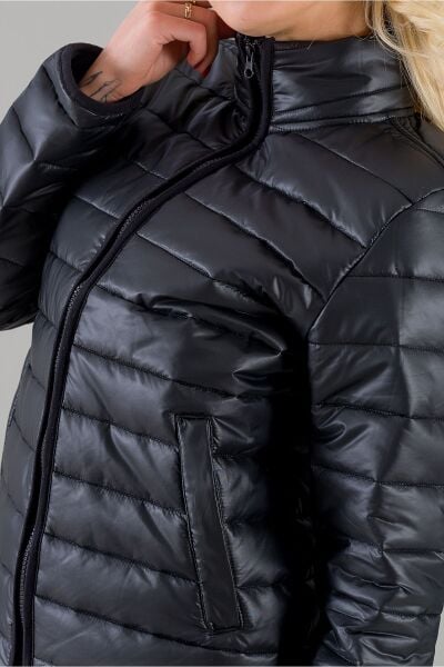 Siyah Şişme Dik Yaka Metal Fermuarlı Mont siyah filato cepli - M