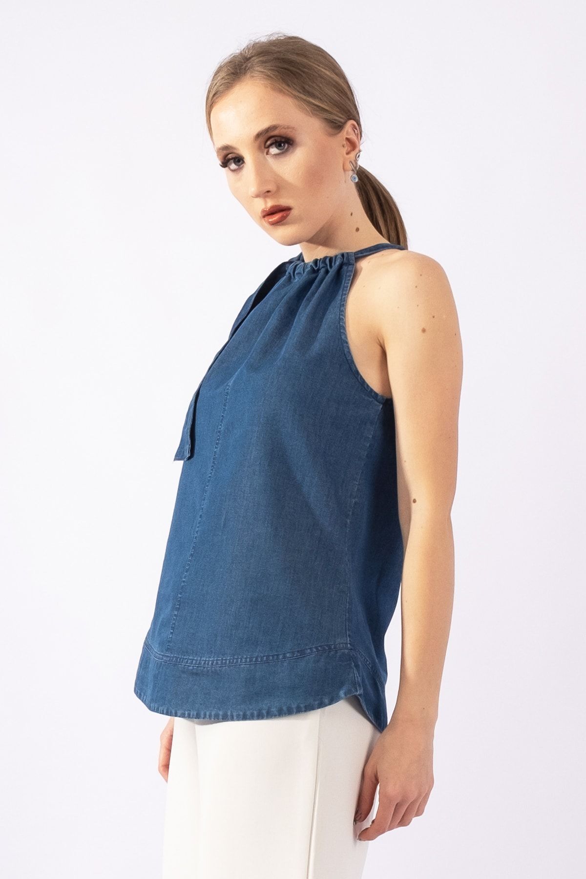 Kadın Mavi Renk Boyundan Bağlamalı Örme Kumaş Penye Tunik indigo mavi - M