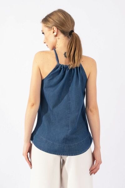 Kadın Mavi Renk Boyundan Bağlamalı Örme Kumaş Penye Tunik indigo mavi - XL
