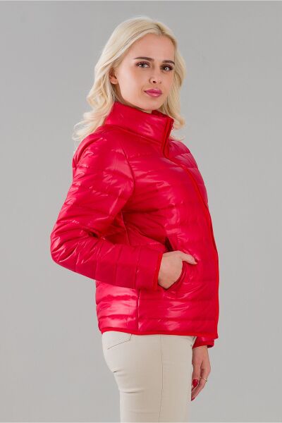 Siyah Şişme Dik Yaka Metal Fermuarlı Mont Kırmızı - S