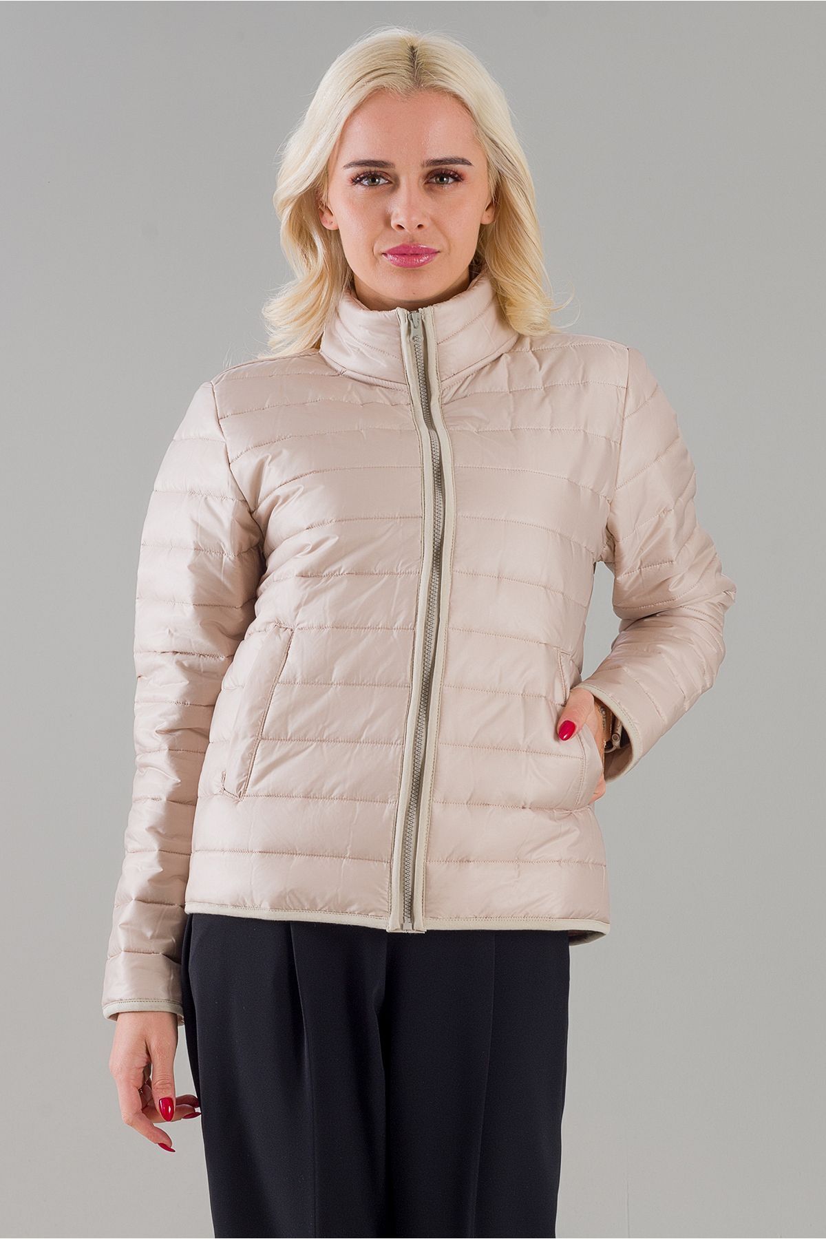 Siyah Şişme Dik Yaka Metal Fermuarlı Mont BEJ - M