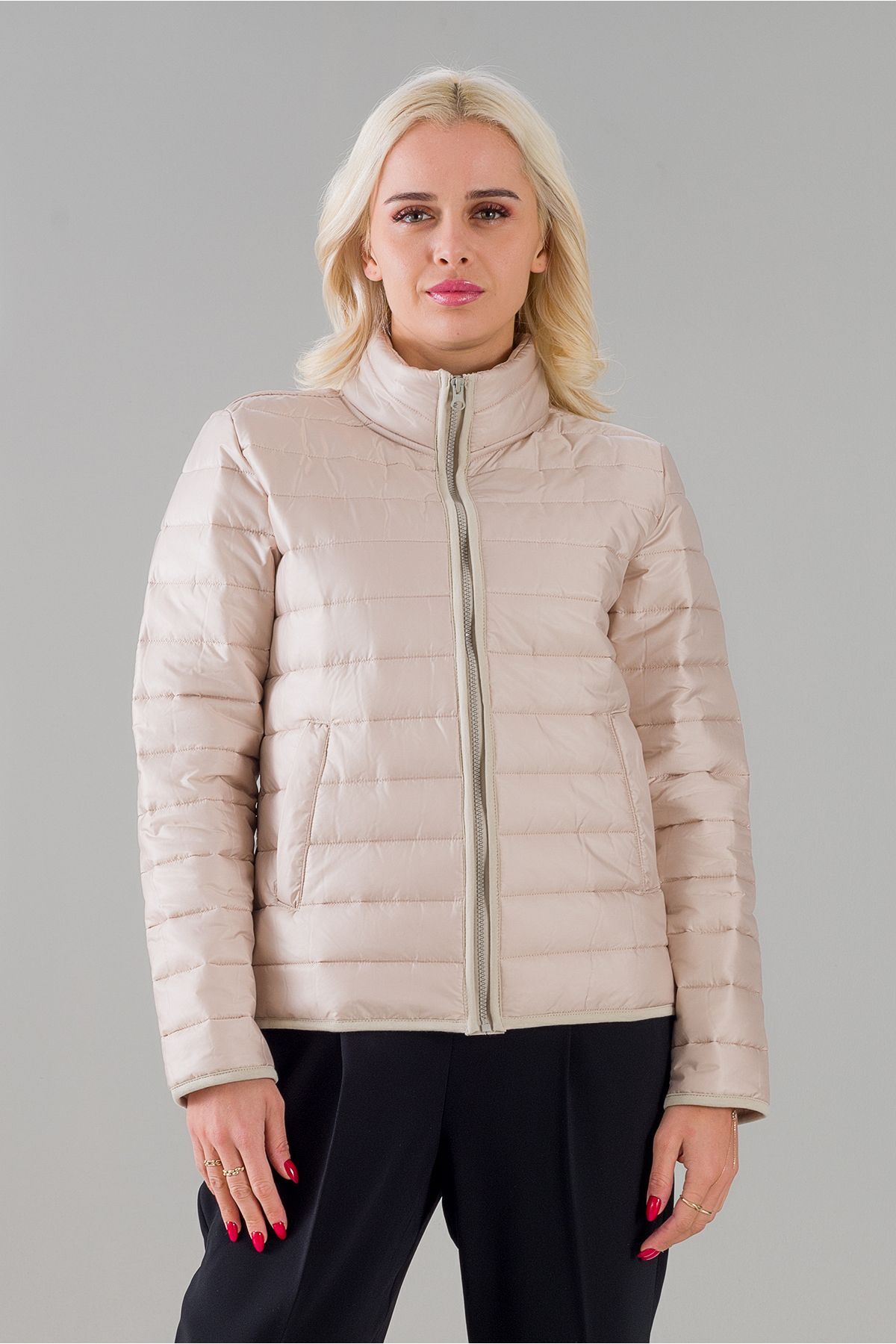 Siyah Şişme Dik Yaka Metal Fermuarlı Mont BEJ - M