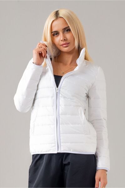 Siyah Şişme Dik Yaka Metal Fermuarlı Mont Beyaz - XS