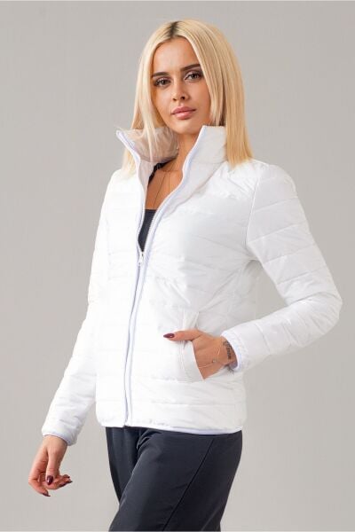 Siyah Şişme Dik Yaka Metal Fermuarlı Mont Beyaz - XS