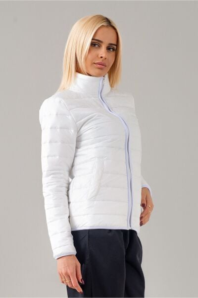 Siyah Şişme Dik Yaka Metal Fermuarlı Mont Beyaz - XS