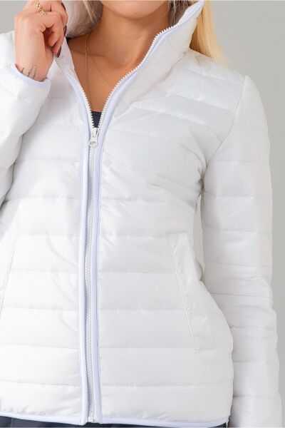 Siyah Şişme Dik Yaka Metal Fermuarlı Mont Beyaz - XS