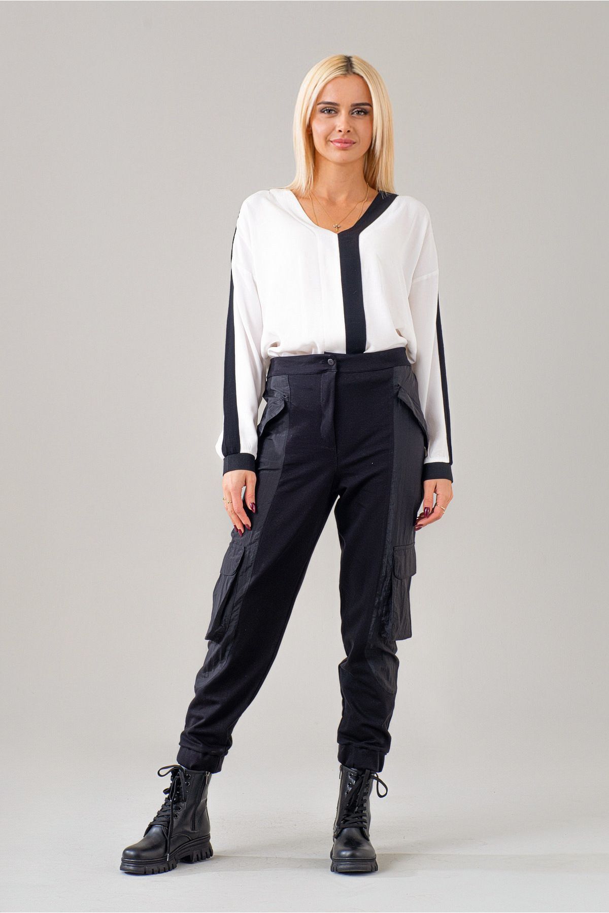 Kadın Kargo Cepli Siyah Polyamid Karışımlı Beli Lastikli Paça Lastikli Pamuk Likra Pantolon Siyah - M