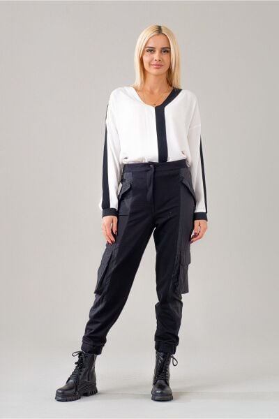 Kadın Kargo Cepli Siyah Polyamid Karışımlı Beli Lastikli Paça Lastikli Pamuk Likra Pantolon Siyah - M