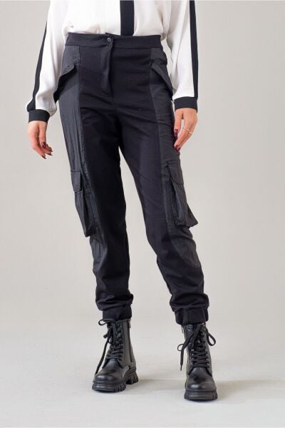 Kadın Kargo Cepli Siyah Polyamid Karışımlı Beli Lastikli Paça Lastikli Pamuk Likra Pantolon Siyah - M