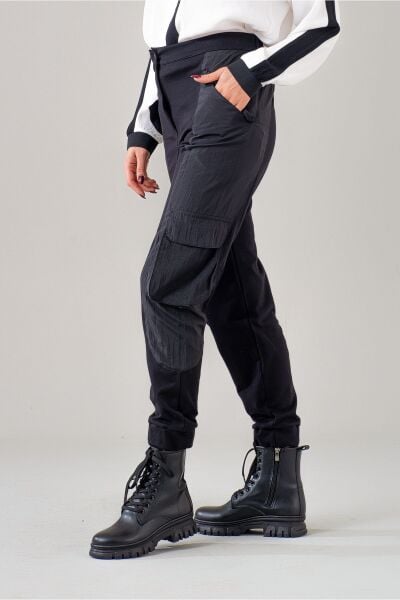 Kadın Kargo Cepli Siyah Polyamid Karışımlı Beli Lastikli Paça Lastikli Pamuk Likra Pantolon Siyah - M
