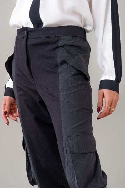 Kadın Kargo Cepli Siyah Polyamid Karışımlı Beli Lastikli Paça Lastikli Pamuk Likra Pantolon Siyah - M