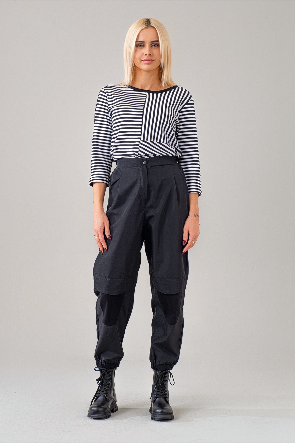 Kadın Siyah Polyamid Karışımlı Beli Lastikli Paça Lastikli Paraşüt Pantolon Siyah - S