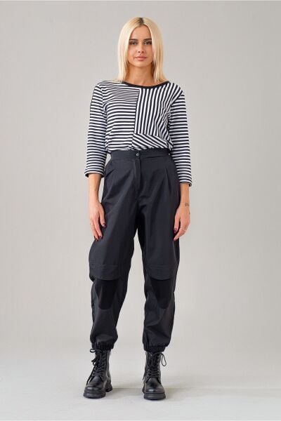 Kadın Siyah Polyamid Karışımlı Beli Lastikli Paça Lastikli Paraşüt Pantolon Siyah - S