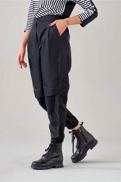 Kadın Siyah Polyamid Karışımlı Beli Lastikli Paça Lastikli Paraşüt Pantolon Siyah - S
