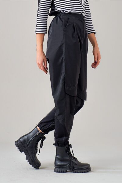 Kadın Siyah Polyamid Karışımlı Beli Lastikli Paça Lastikli Paraşüt Pantolon Siyah - S