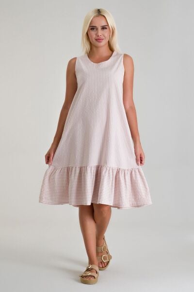 Cepli Kolsuz Pamuklu Dokuma Elbise pembe ekru çizgli - M