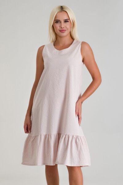 Cepli Kolsuz Pamuklu Dokuma Elbise pembe ekru çizgli - M
