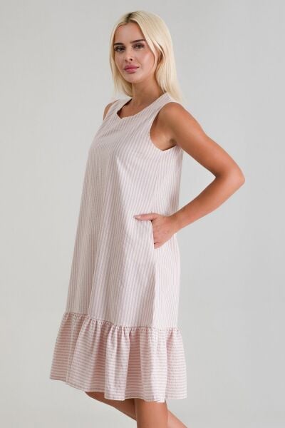 Cepli Kolsuz Pamuklu Dokuma Elbise pembe ekru çizgli - M