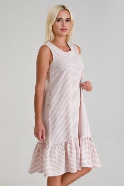Cepli Kolsuz Pamuklu Dokuma Elbise pembe ekru çizgli - M