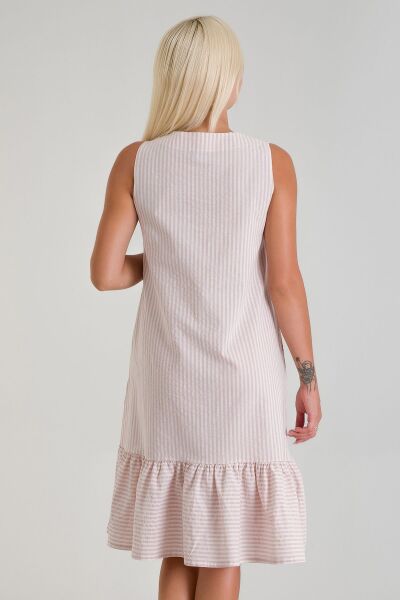 Cepli Kolsuz Pamuklu Dokuma Elbise pembe ekru çizgli - M