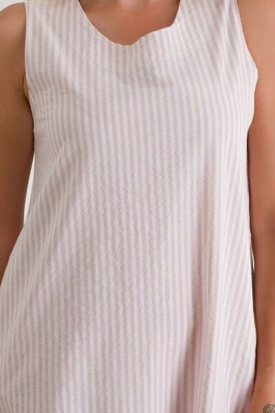 Cepli Kolsuz Pamuklu Dokuma Elbise pembe ekru çizgli - M