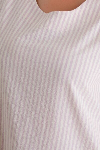 Cepli Kolsuz Pamuklu Dokuma Elbise pembe ekru çizgli - M