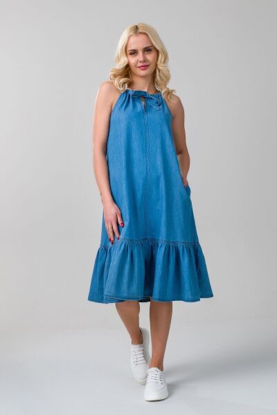 Kadın Boyundan Bağlamalı İndigo Renk Etek Ucu Büzgülü Cepli Kolsuz Kot Dokuma Elbise L - indigo açık mavi