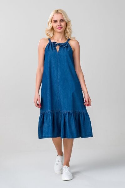 Kadın Boyundan Bağlamalı İndigo Renk Etek Ucu Büzgülü Cepli Kolsuz Kot Dokuma Elbise S - indigo koyu mavi