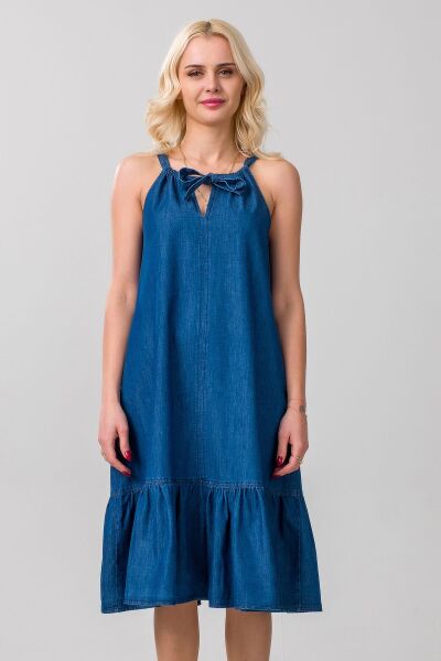 Kadın Boyundan Bağlamalı İndigo Renk Etek Ucu Büzgülü Cepli Kolsuz Kot Dokuma Elbise S - indigo koyu mavi