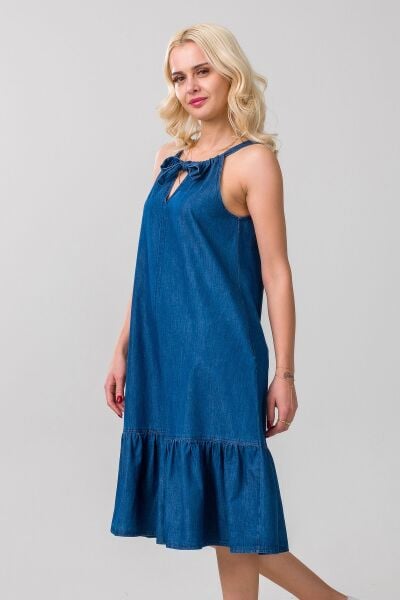 Kadın Boyundan Bağlamalı İndigo Renk Etek Ucu Büzgülü Cepli Kolsuz Kot Dokuma Elbise S - indigo koyu mavi