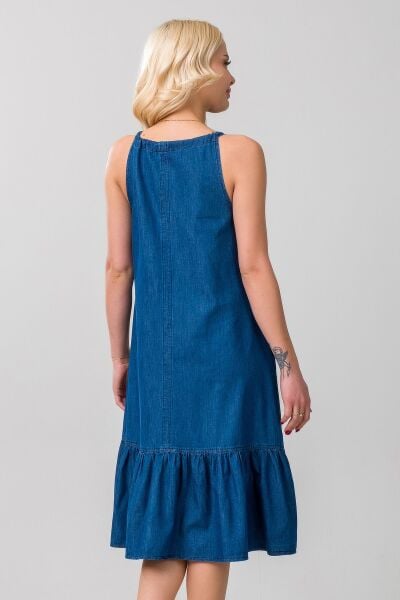 Kadın Boyundan Bağlamalı İndigo Renk Etek Ucu Büzgülü Cepli Kolsuz Kot Dokuma Elbise S - indigo koyu mavi