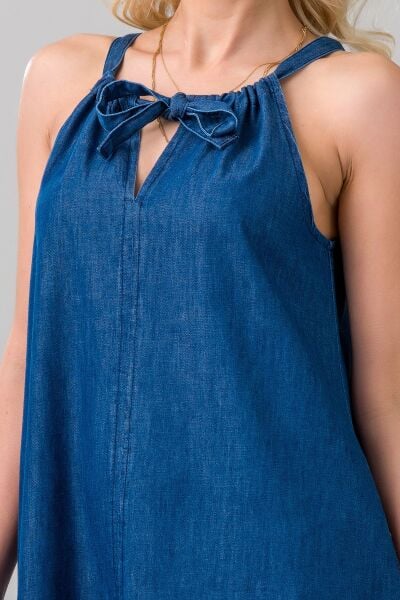 Kadın Boyundan Bağlamalı İndigo Renk Etek Ucu Büzgülü Cepli Kolsuz Kot Dokuma Elbise S - indigo koyu mavi