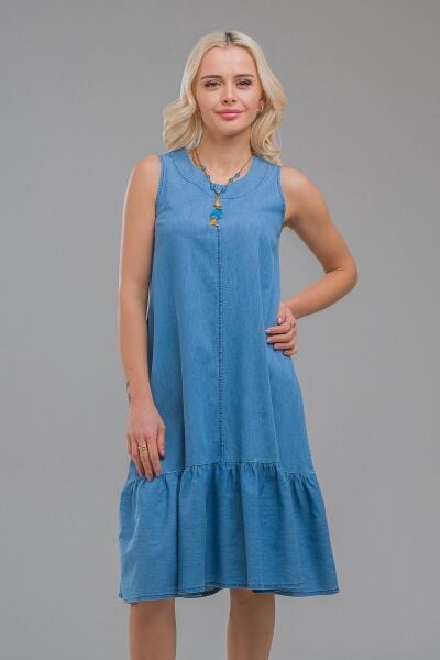 Cepli Kolsuz Pamuklu Dokuma Elbise indigo açık mavi - XS